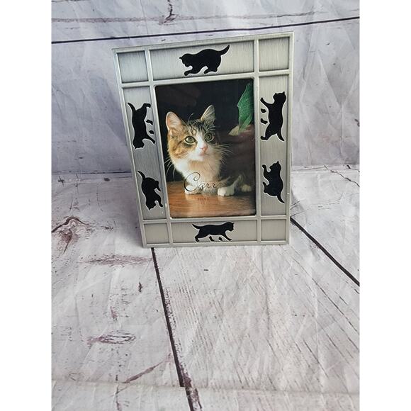 Cat Picture Frame Pewter Carr Black Velour Cutout Edge 3.5” x 5” Photo Vintage - Picture 1 of 9